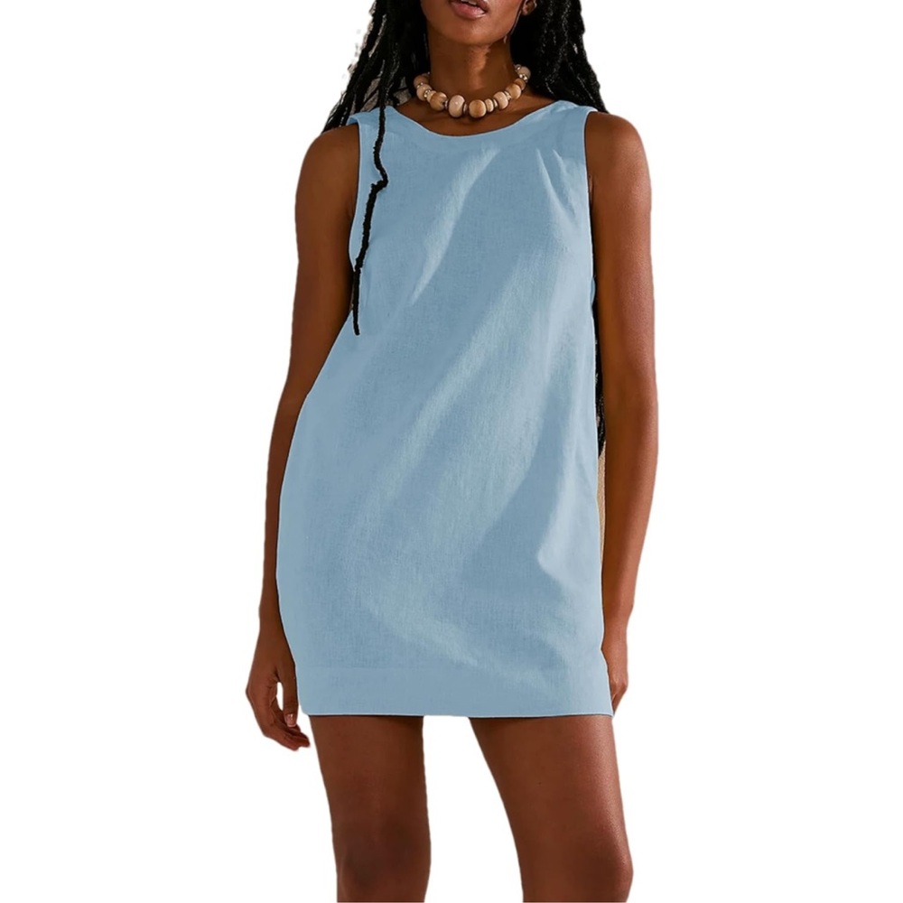 Light Blue Cotton Linen Mini Dress